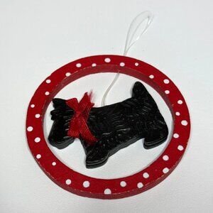 Wooden Scottie Dog Christmas Holiday Ornament Black/Red Round